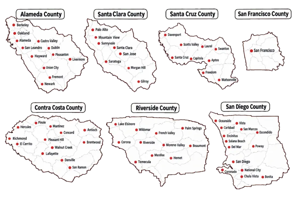 Map graphic of seven California counties with red dots marking cities, including Alameda, Santa Clara, Riverside and San